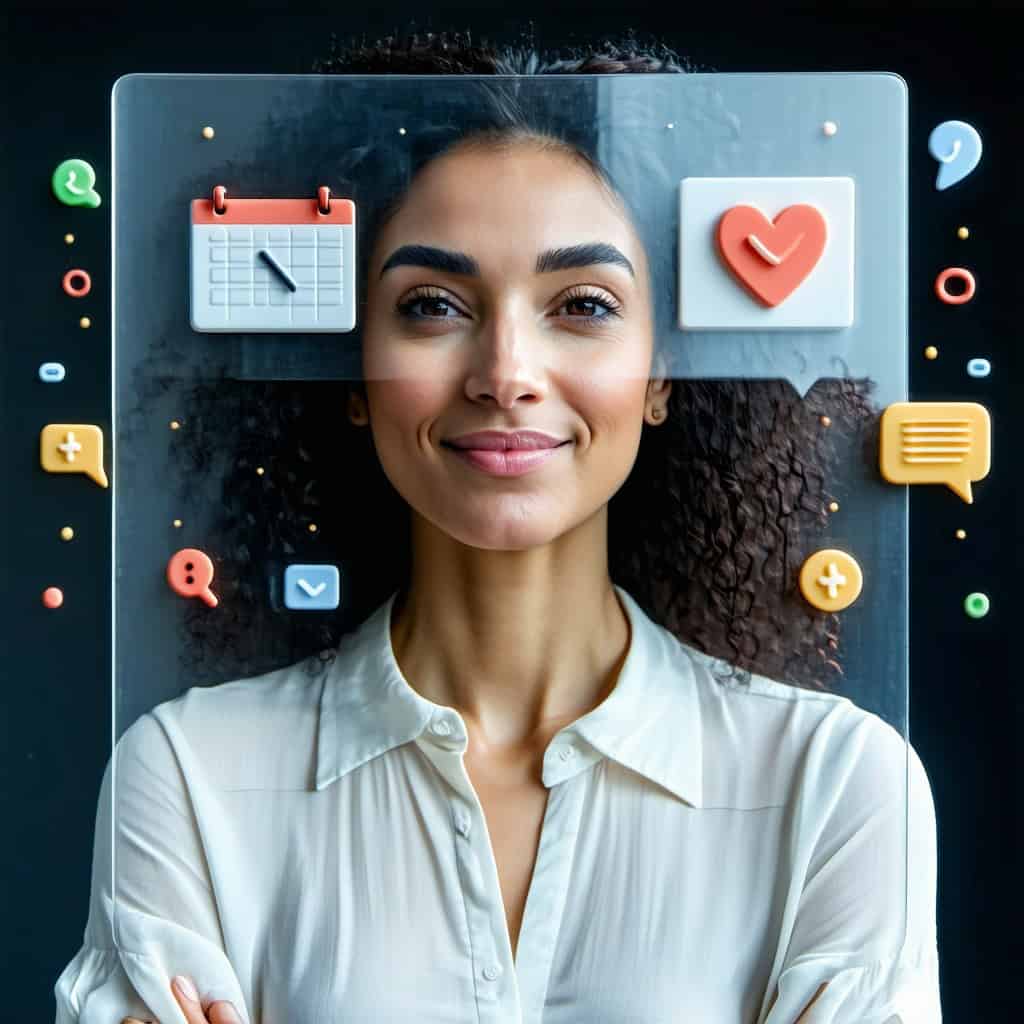 일정, 메시지, 좋아요 아이콘이 주변에 떠 있는 디지털 인터페이스 앞에서 미소 짓는 여성