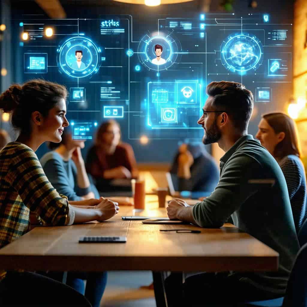 두 명의 전문가가 홀로그램 인터페이스를 보며 기술 솔루션에 대해 논의하는 모습