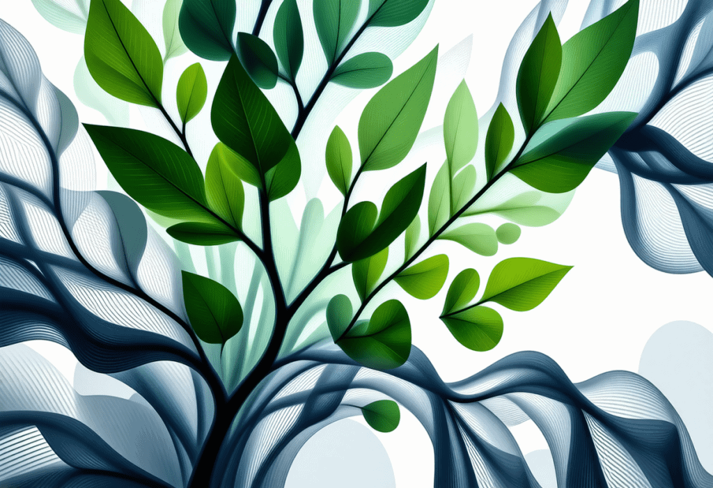 잎사귀와 선율이 조화를 이루는 생명력 있는 그래픽