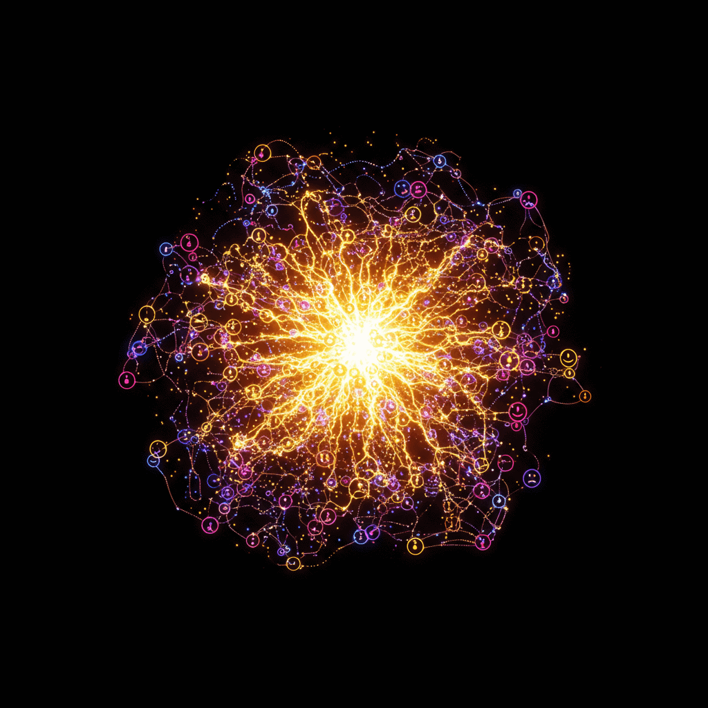 감정 에너지를 상징하는 디지털 네트워크 중심 발광 구조