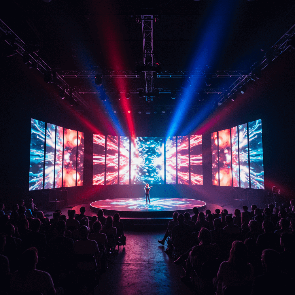 무대 위 시각 효과와 함께 공연하는 아티스트