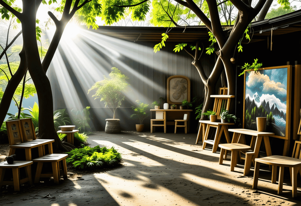 햇살이 비추는 자연 속의 예술 작업 공간