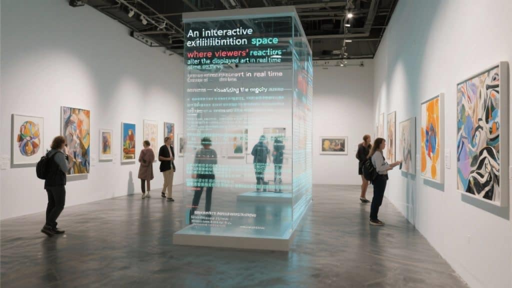 전시 공간 속 투명한 디지털 패널 앞에서 작품을 감상하는 관람객들