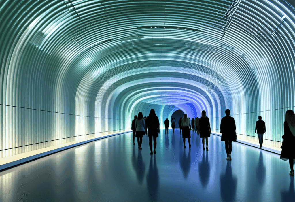 푸른 빛의 터널을 걷는 사람들의 실루엣