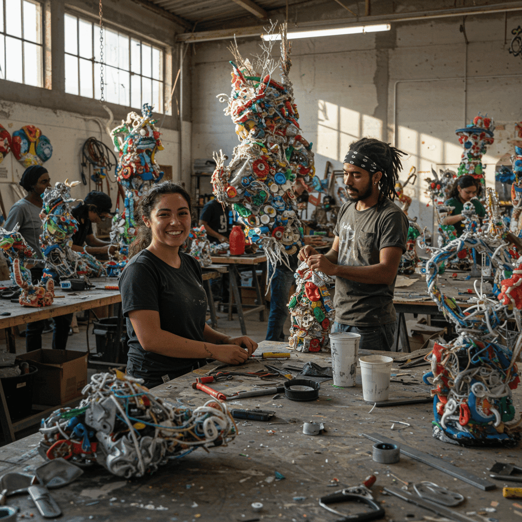 재활용 소재로 예술 조형물을 만드는 작업실 풍경