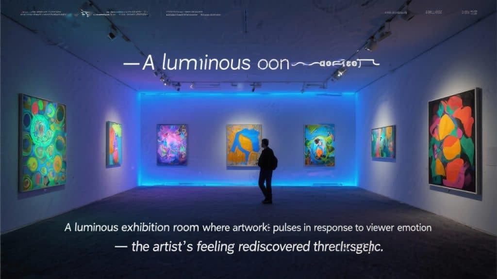 파란빛 갤러리에서 AI 예술 작품을 감상하는 사람의 모습