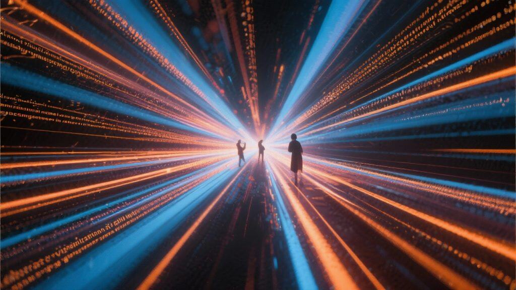 빛의 궤적이 퍼지는 미래형 터널을 걷는 사람의 실루엣