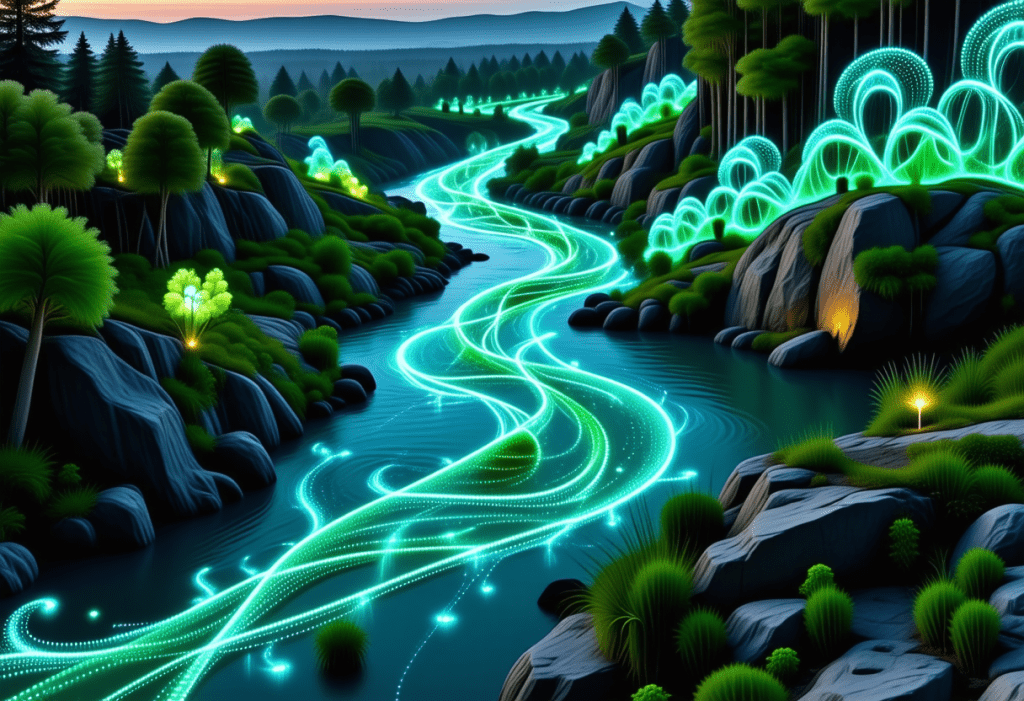 빛의 흐름으로 표현된 미래형 생태 하천