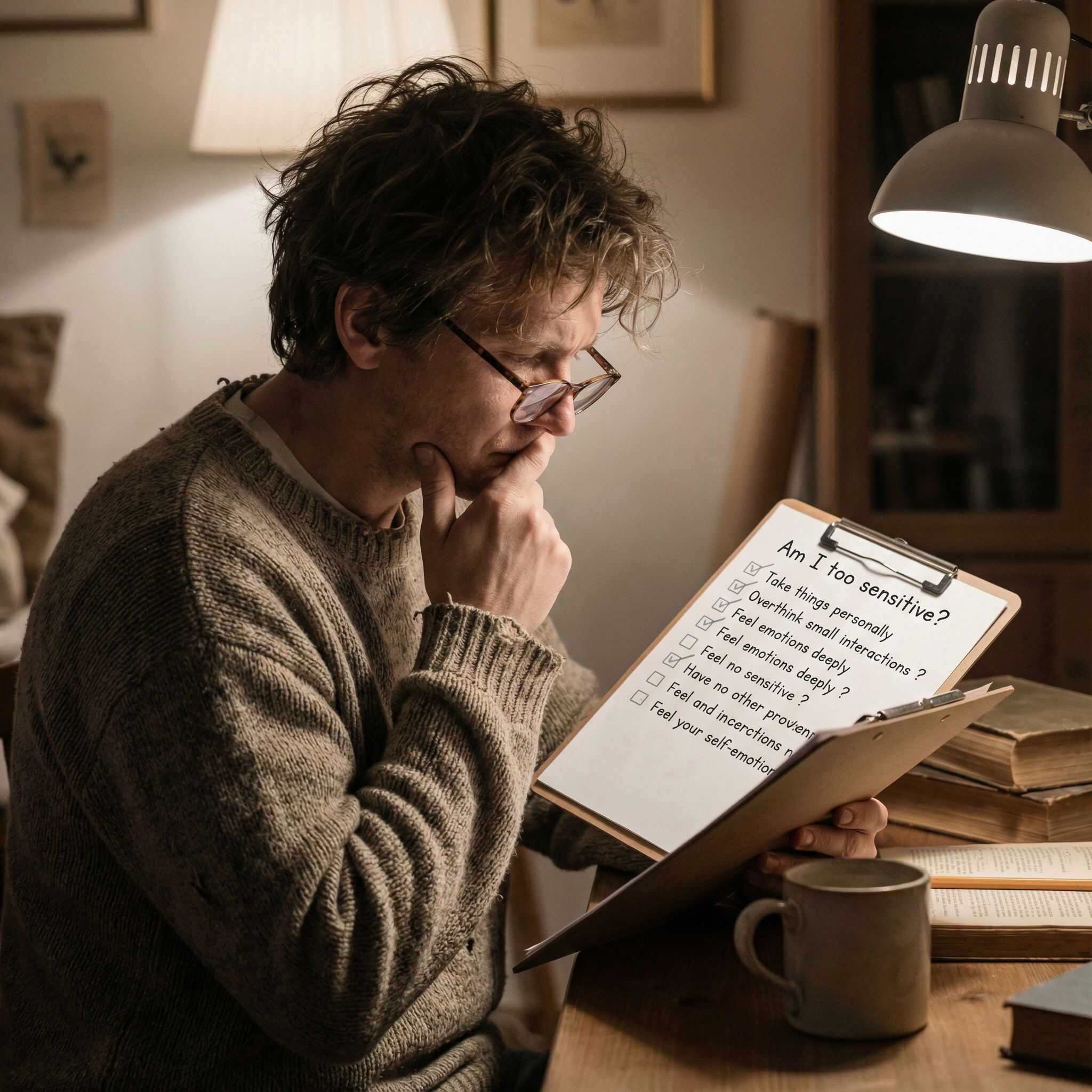 부드러운 조명 아래서 누군가 '내가 너무 예민한가?'라는 체크리스트를 반쯤 확인하며 생각에 잠긴 모습이다.