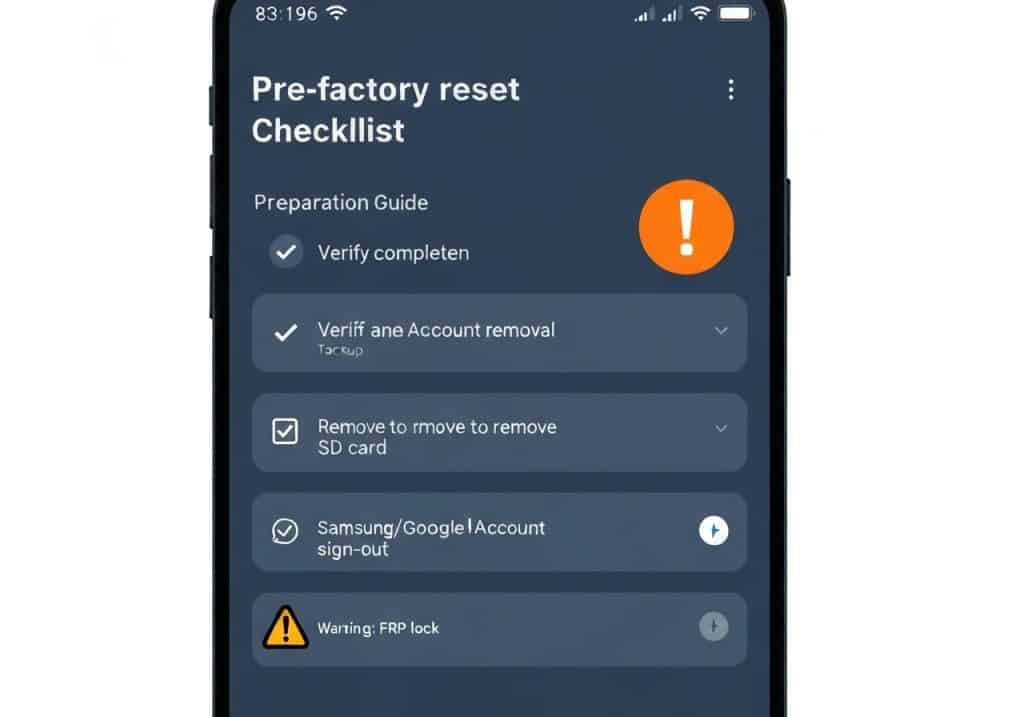 공장 초기화 전 체크리스트 화면 - Google 계정 제거 확인 및 FRP 잠금 경고 표시.