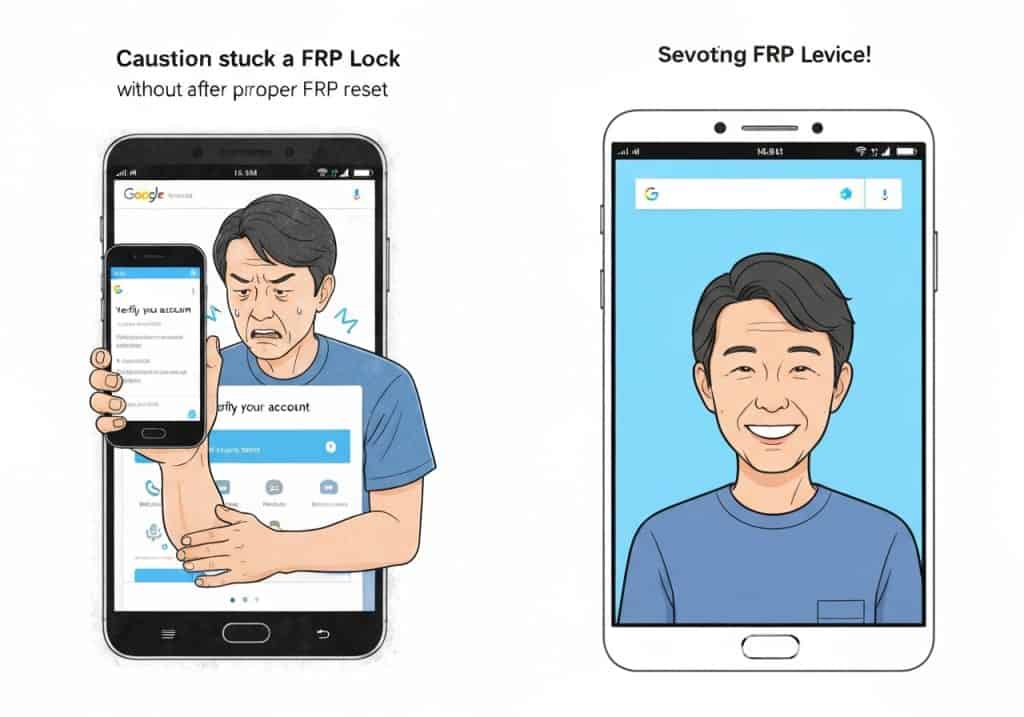 적절한 FRP 재설정 없이 FRP 잠금에 갇혀 고민하는 사람과 세보통 FRP 레비스로 문제를 해결한 사람의 대조 이미지.