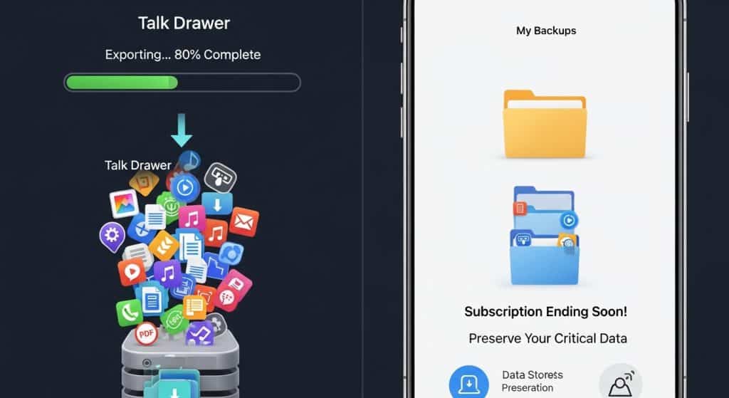 톡서랍 앱에서 80% 완료된 데이터 내보내기 진행 중이며 구독 만료 임박 알림과 백업 폴더 표시.
