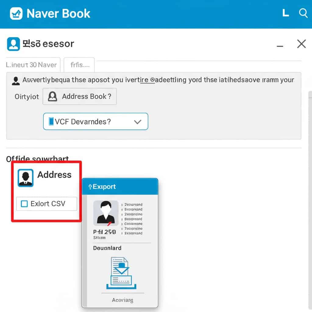 네이버 주소록에서 VCF 파일로 연락처 내보내기 및 CSV 내보내기 옵션 화면.