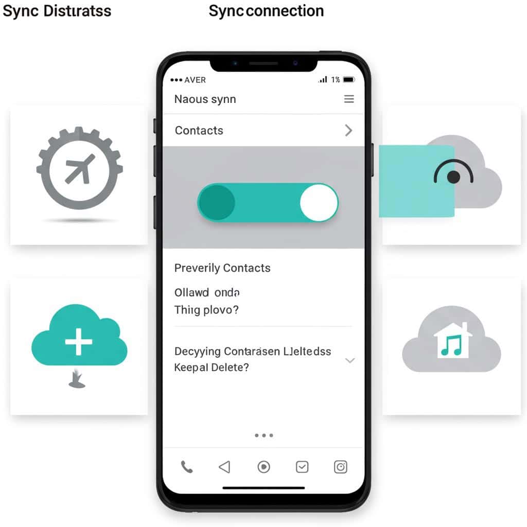 동기화 비활성화 대 동기화 연결 비교 - 연락처 동기화 토글 스위치가 있는 스마트폰 화면과 클라우드 아이콘.