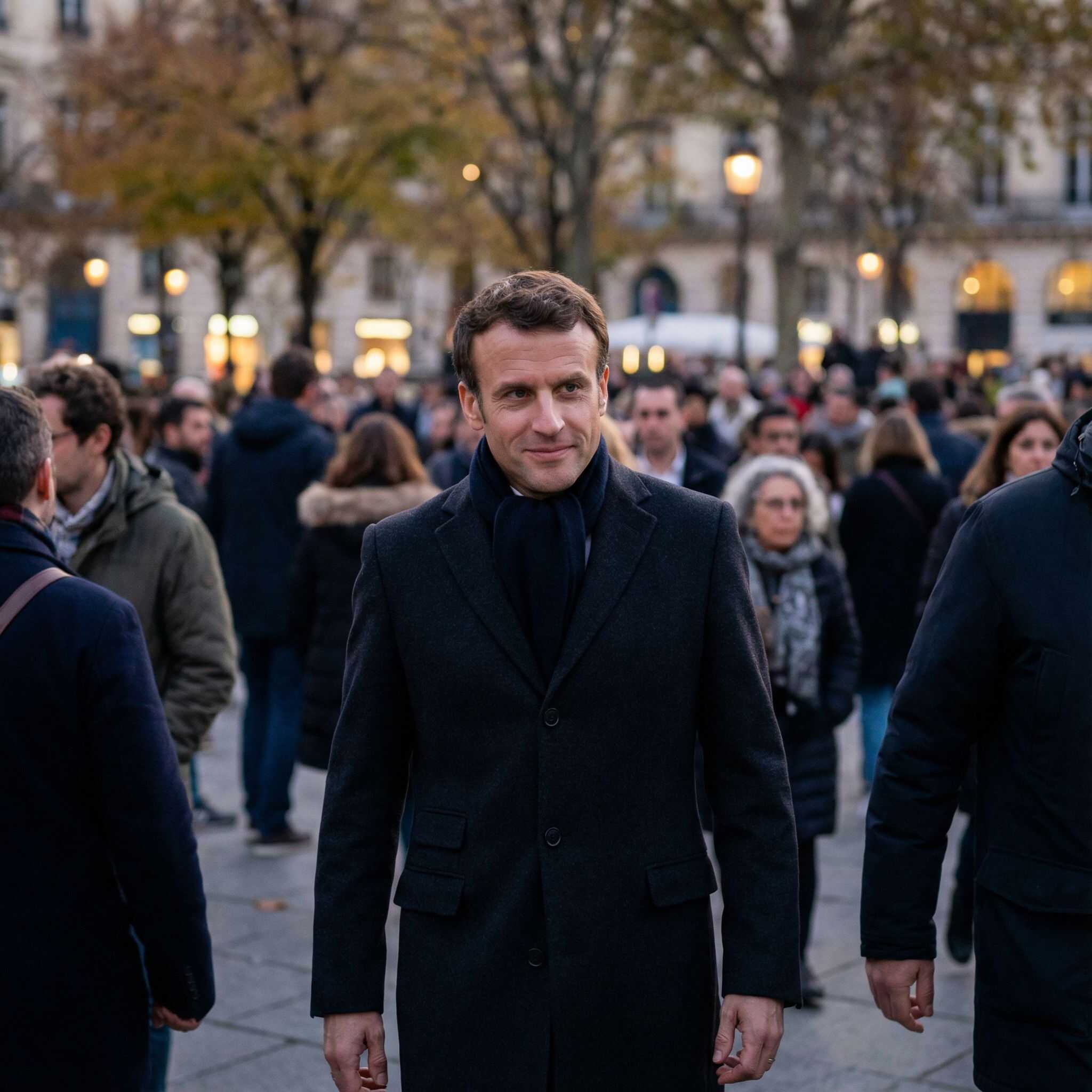 진중한 무리 속에 우아한 정장을 차려입은 사람이, 차갑고 계산적인 눈빛과는 대조적으로 친근한 미소를 짓고 있습니다.