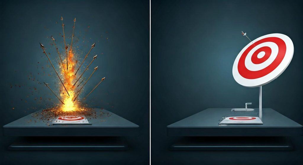 목표물에 여러 화살이 분산되어 맞는 실패 vs 정확히 중심에 한 화살이 명중하는 성공 비교 이미지.