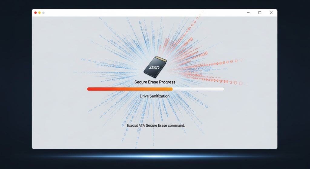 SSD 드라이브 안전 지우기 진행 화면 - ATA 보안 지우기 명령을 실행하는 드라이브 초기화 프로세스.