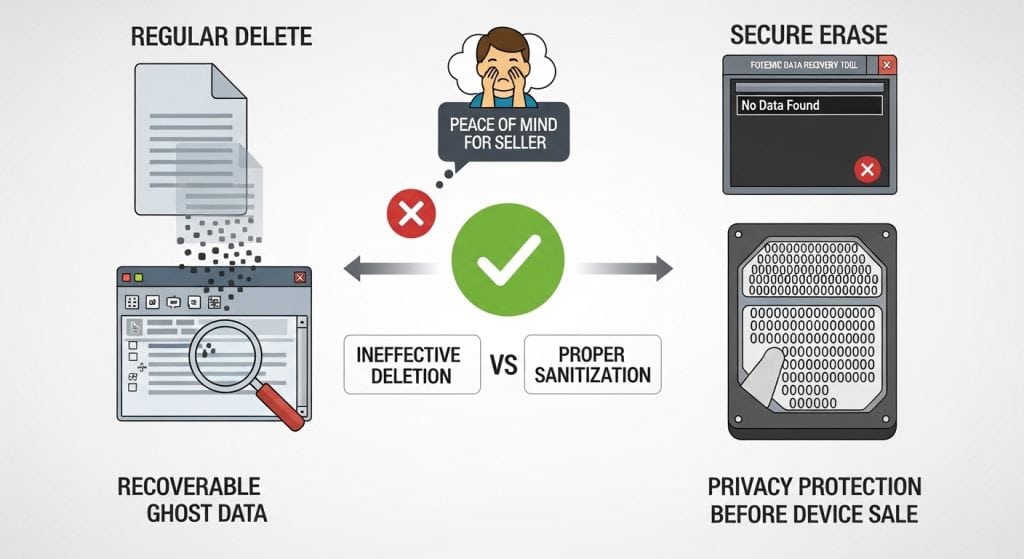 일반 삭제 vs 안전한 지우기 비교도 - 복구 가능한 삭제와 판매 전 개인정보 보호를 위한 적절한 데이터 삭제 방법 대조.