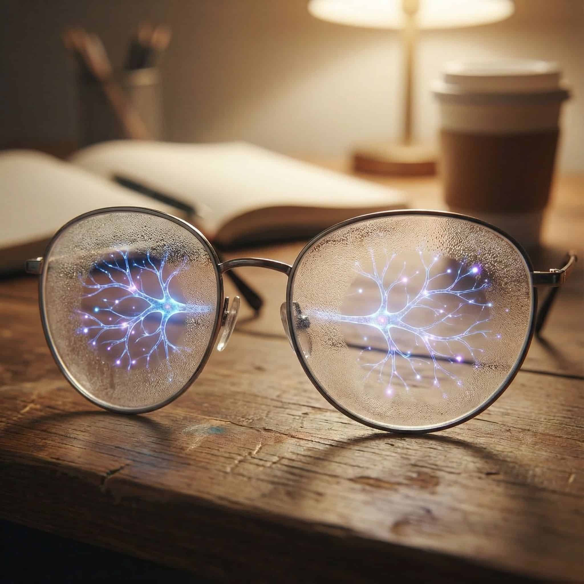 안개 낀 안경 너머로 빛나는 신경망이 보여 활발한 사고를 상징하는 모습이다.