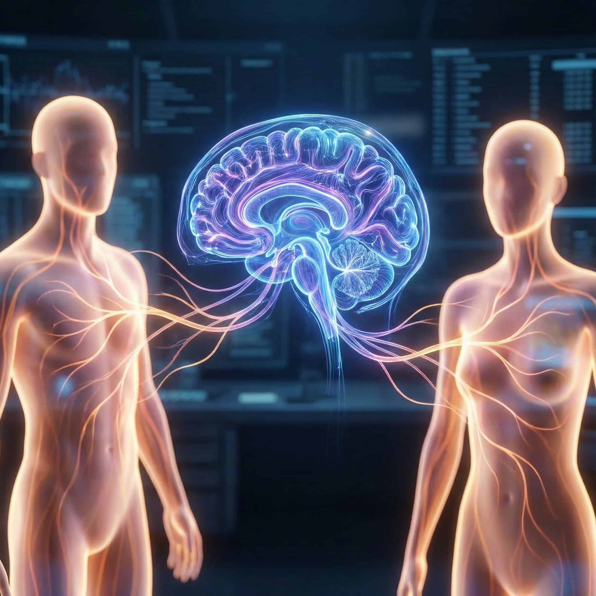 두 개의 실루엣 사이에서 뇌 신경망이 감정의 빛을 주고받으며 연결되는 모습이다.