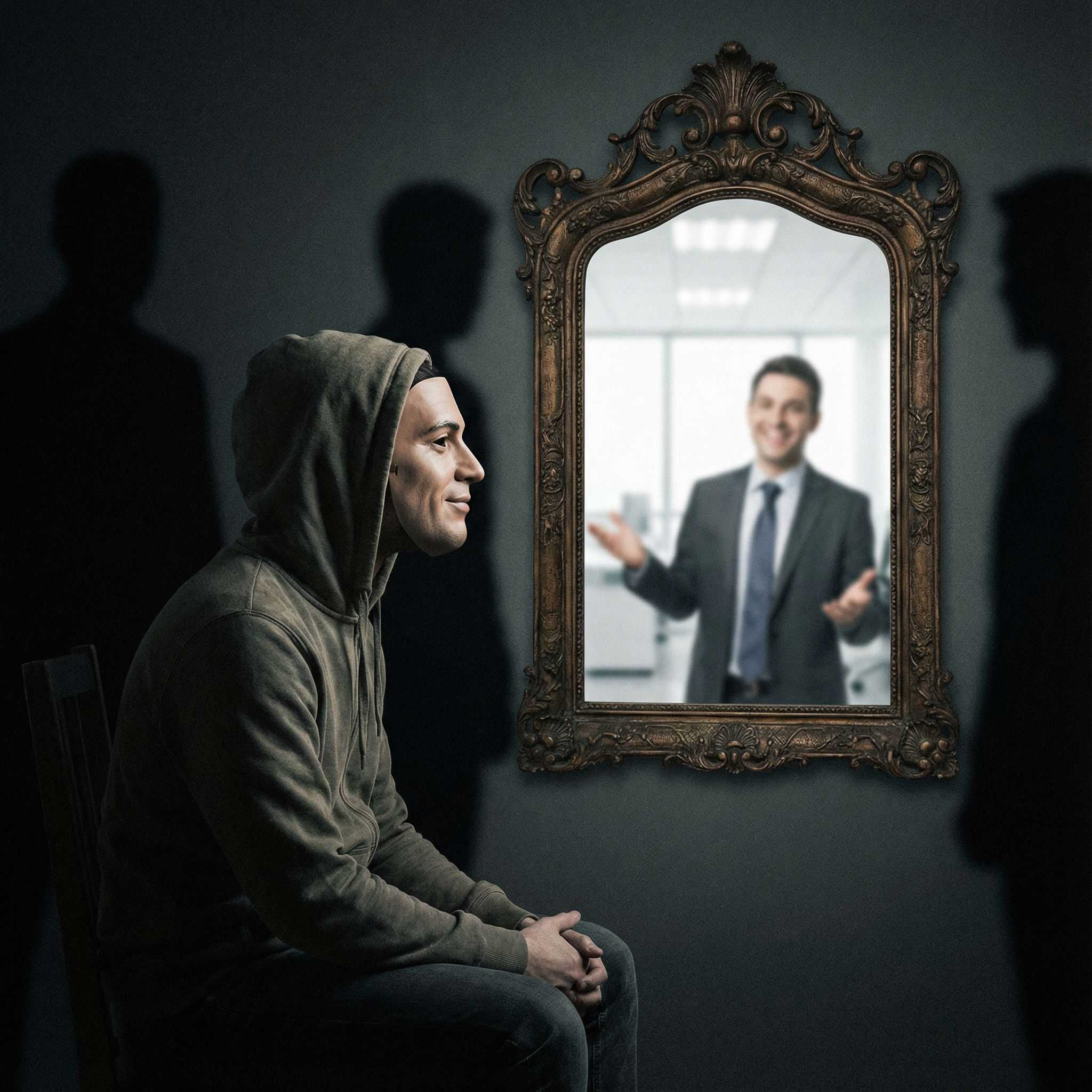 자신의 얼굴 모양 가면을 쓴 인물이 성공적이지만 흐릿하게 비치는 자신의 모습을 비추는 거울을 바라보며, 주변