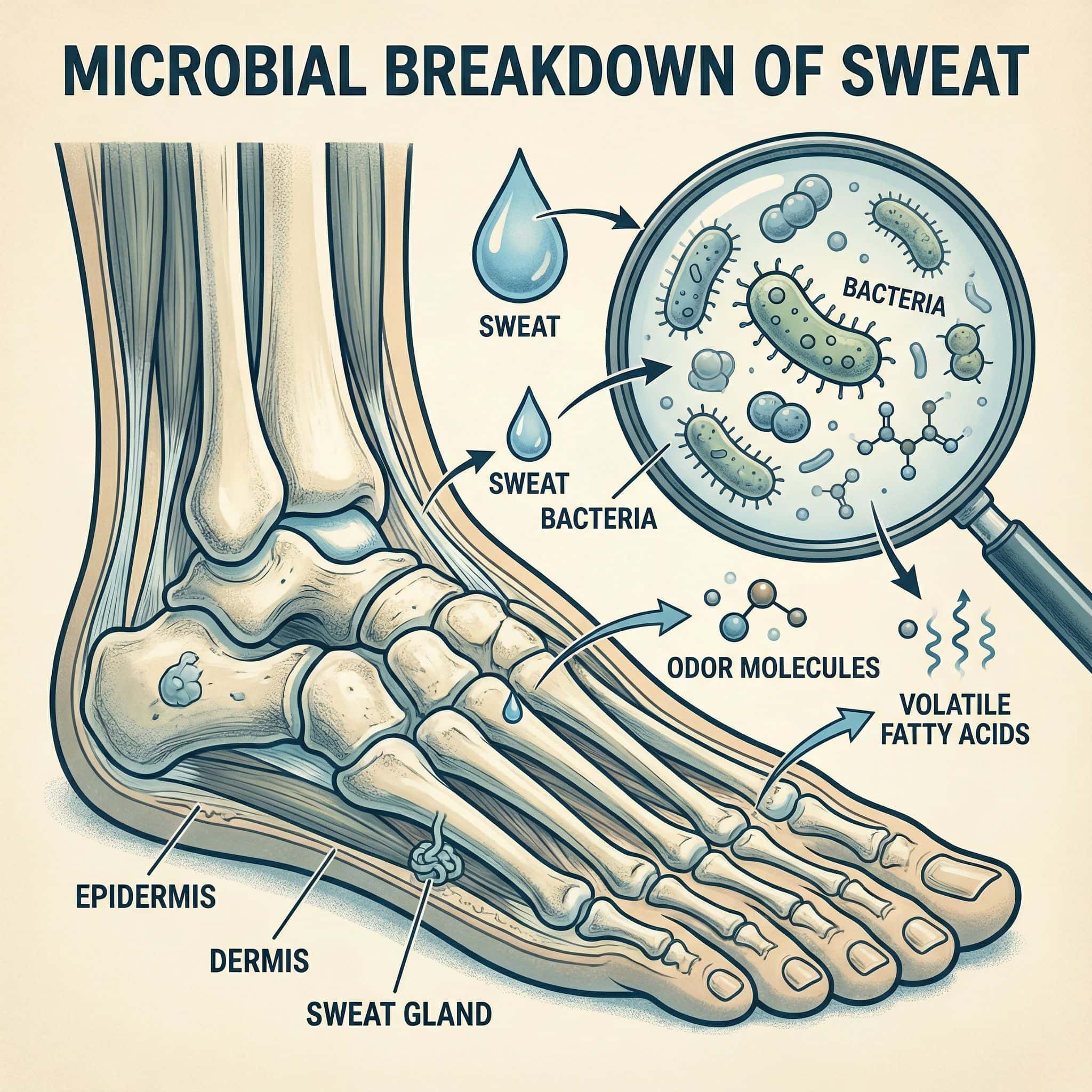 투명한 단면에 푸른색 세균이 땀을 분해하며 노란 오드 분자를 방출하는 모습이다.