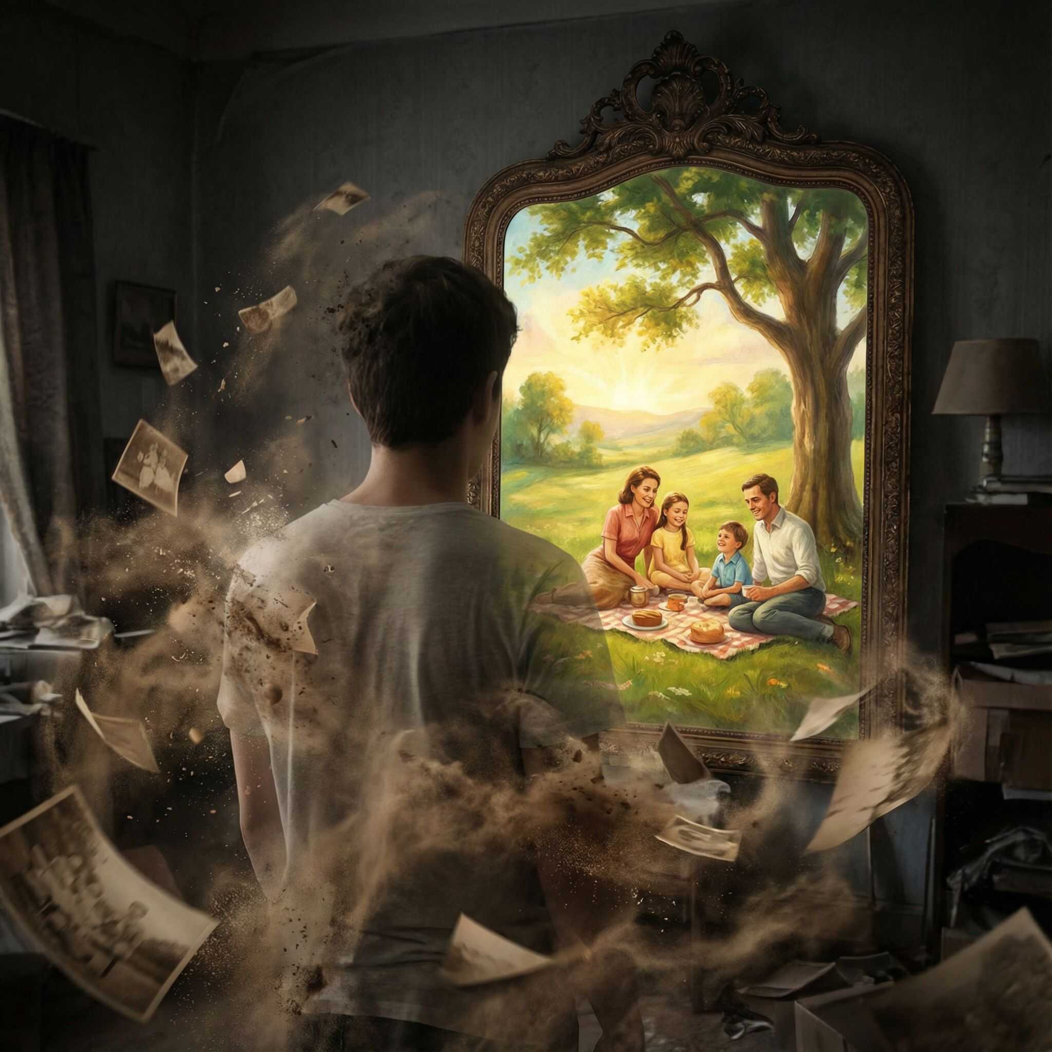 거울에 비춘 인물의 모습은 조작된 기억을 보여주고, 실제 기억은 사진처럼 흐릿하게 지워져 가는 초현실적인 장면이다.