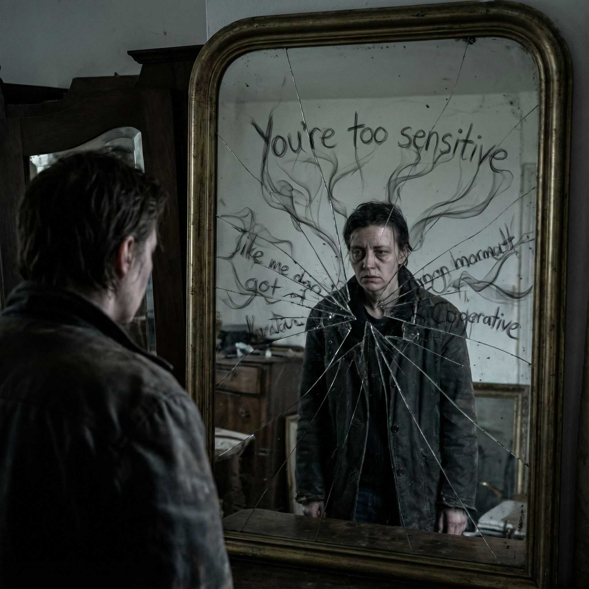 거울에 비친 사람의 형상이 깨지며, 유리면에 '너는 너무 예민해'라는 어둡고 속삭이는 글자가 균열처럼 퍼져 나가는 모습이다.