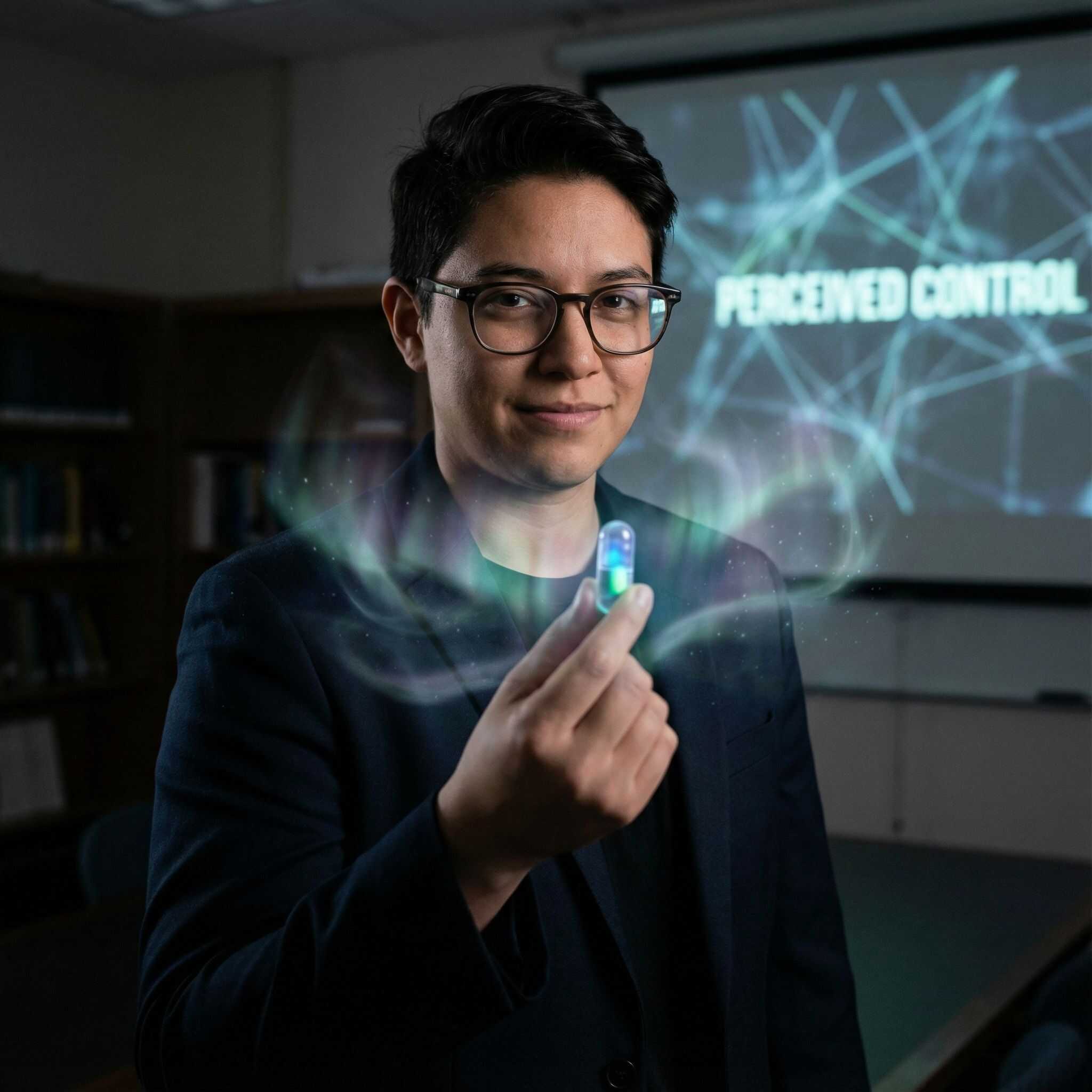 빛나는 알약을 자신 있게 쥔 손에서 치유의 환상적 에너지가 퍼져 나오는 모습이다.