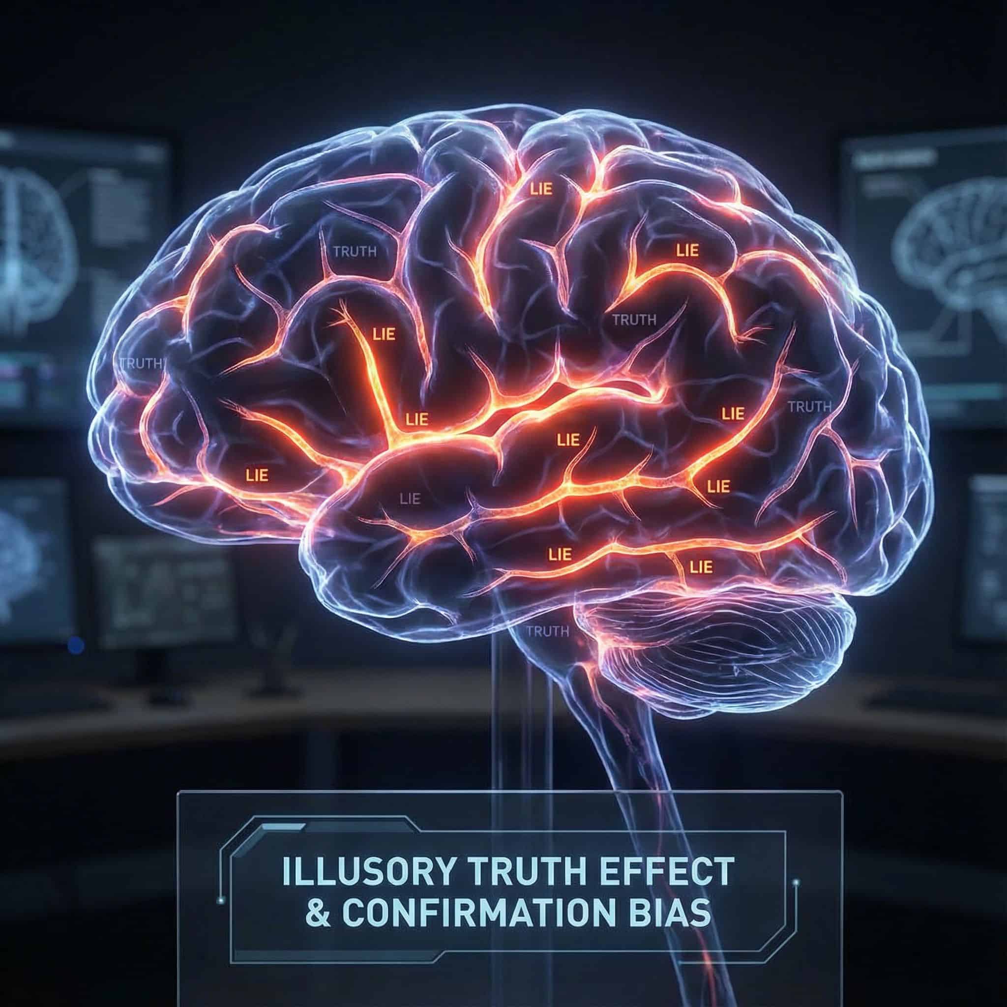 뇌 신경망에서 '거짓' 경로는 밝게 빛나고 '진실' 경로는 희미해지는 모습으로, 허위 진실 효과를 시각화한 이미지입니다.