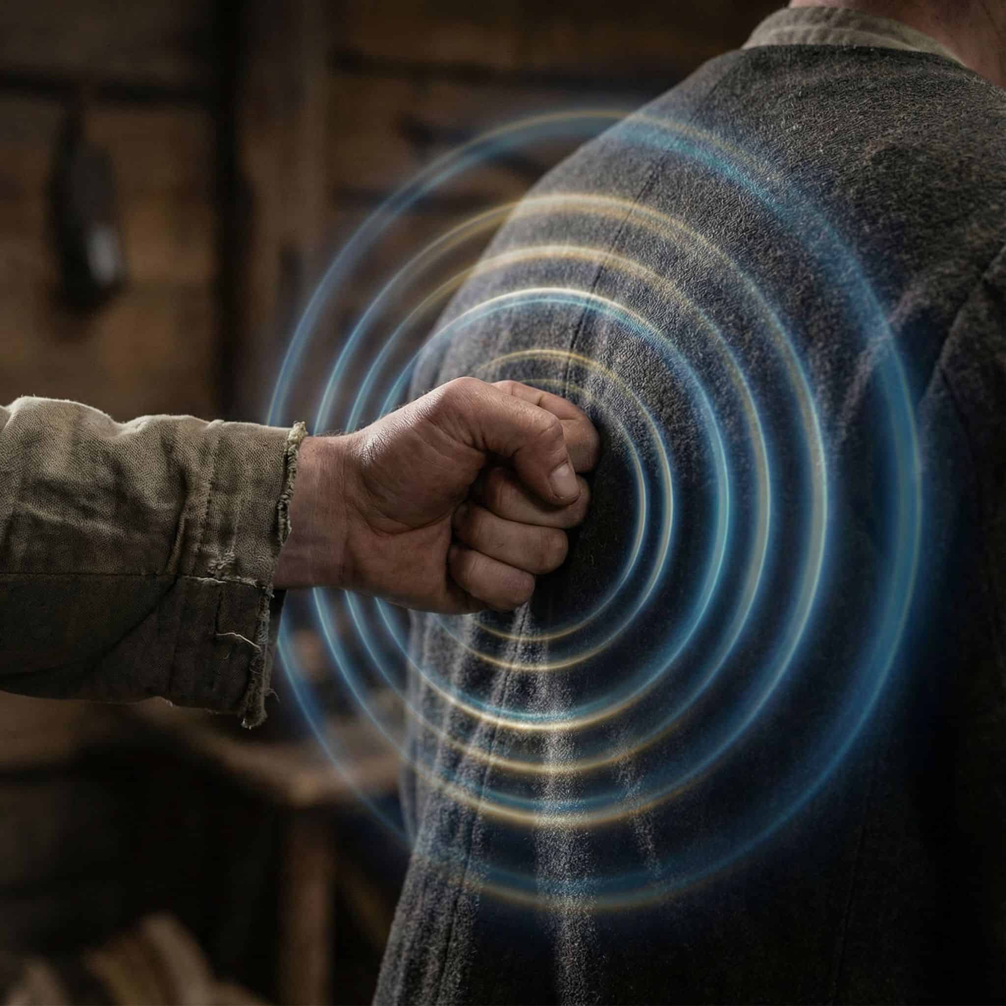 등에 살짝 누른 손에서 푸른빛 에너지가 파문처럼 퍼져 나가는 모습이다.