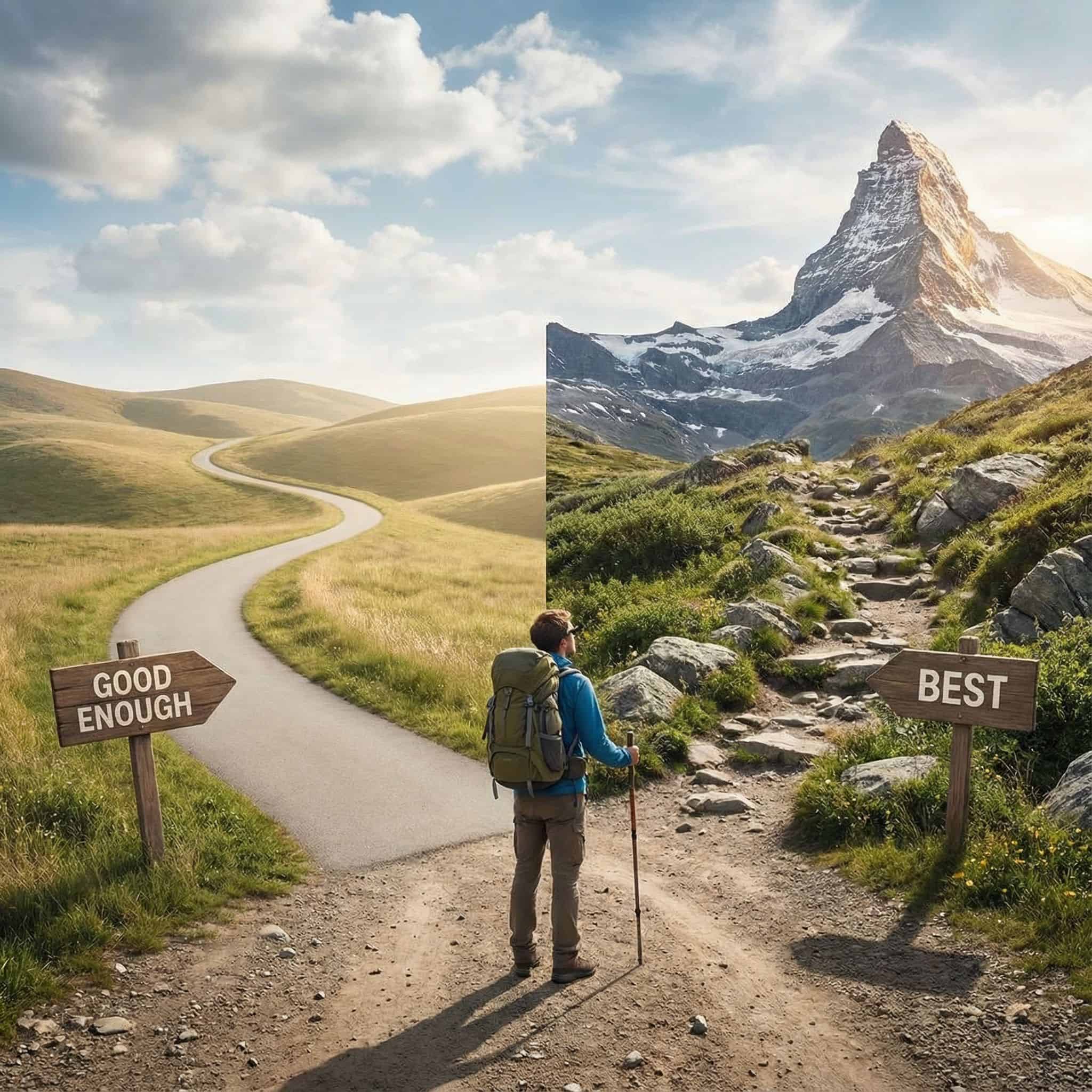 두 갈래 길이 갈라진 십자로에 선 사람이, 포장된 평탄한 길은 '적당함'으로, 험한 길은 빛나는 '최고' 봉우리로 이어지는 모습이다.