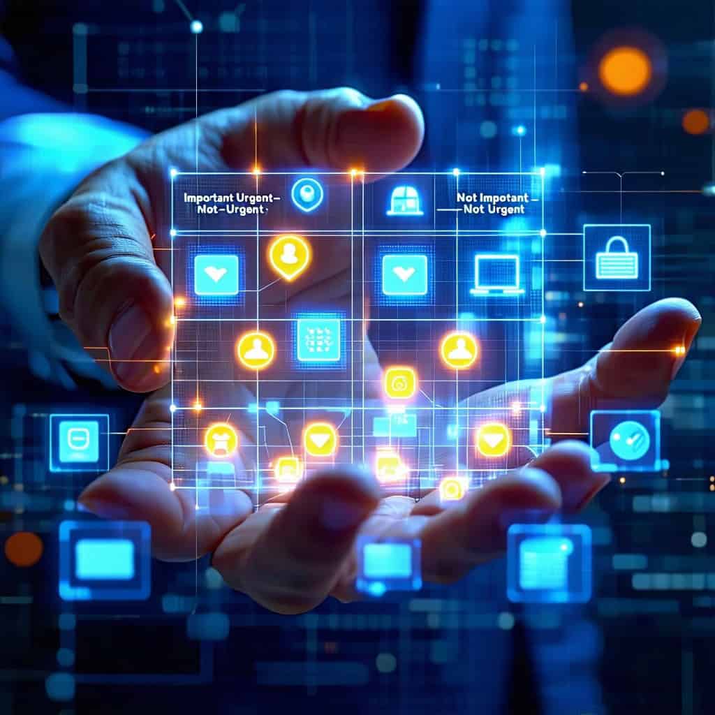 Important Urgent-Not-Urgent'와 'Not Important-Not Urgent' 사분면이 표시된 청색과 황금빛 홀로그램 작업 관리 인터페이스를 양손으로 조작하는 모습