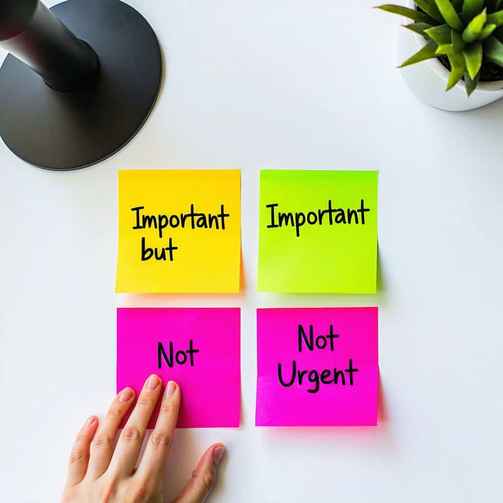 Important but', 'Important', 'Not', 'Not Urgent'라고 쓰인 네 개의 형광 포스트잇이 사분면으로 배치된 모습