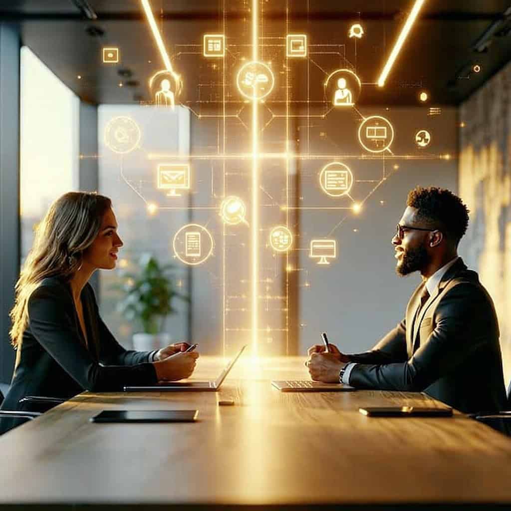 회의 테이블에 마주 앉은 남녀 사이로 황금빛 네트워크 연결 아이콘들이 떠 있는 비즈니스 미팅 장면