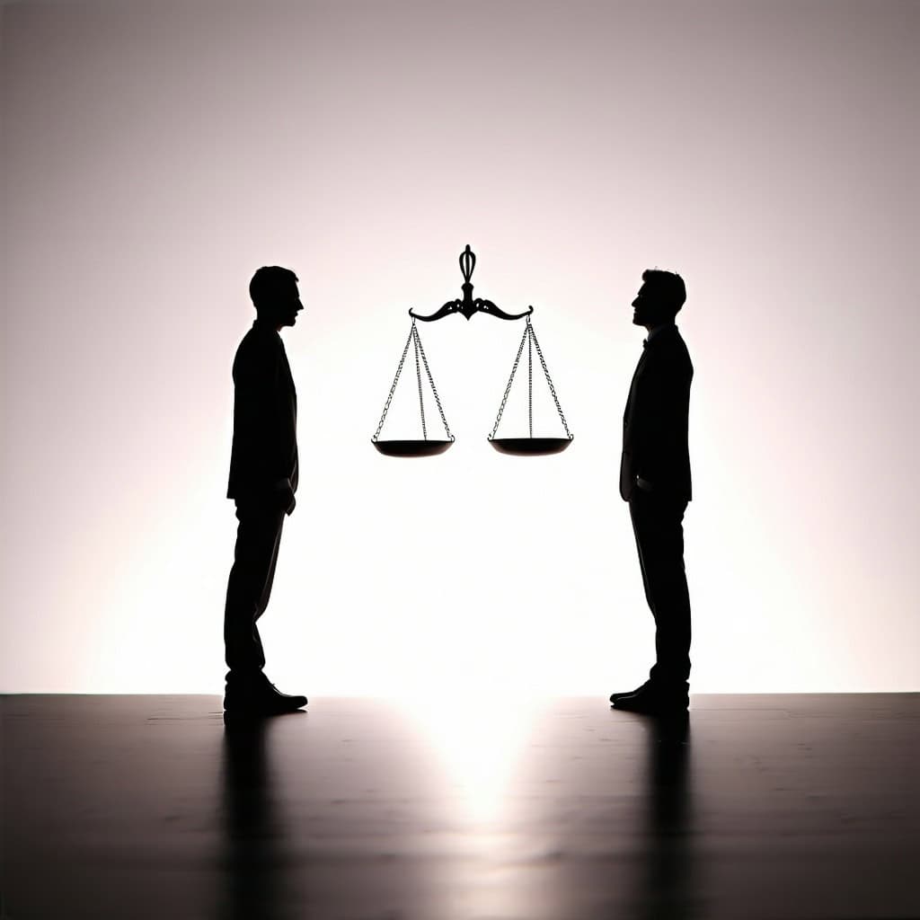 두 사람의 실루엣이 중앙의 천칭 저울을 사이에 두고 마주 서 있는 미니멀한 구도