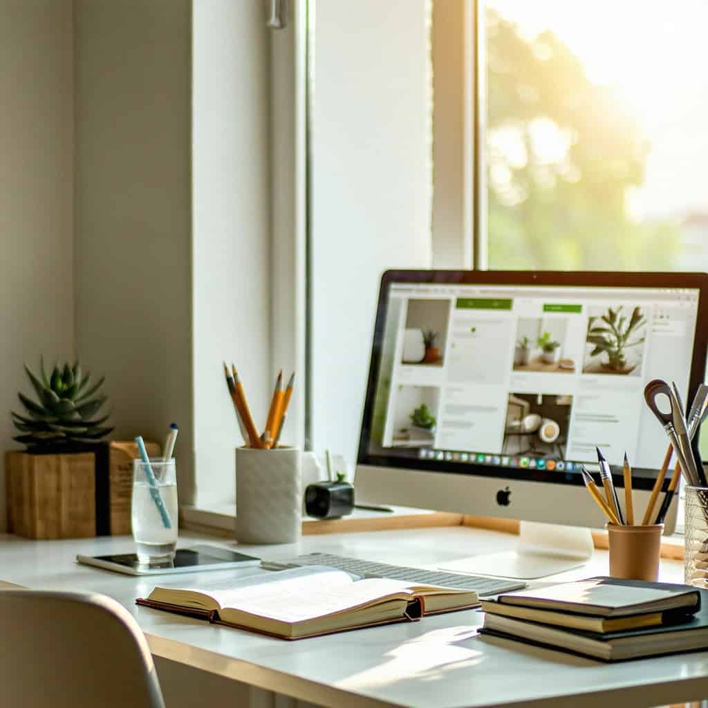 창가에 놓인 깔끔한 책상 위의 맥북과 문구류가 있는 밝은 홈오피스 작업 공간