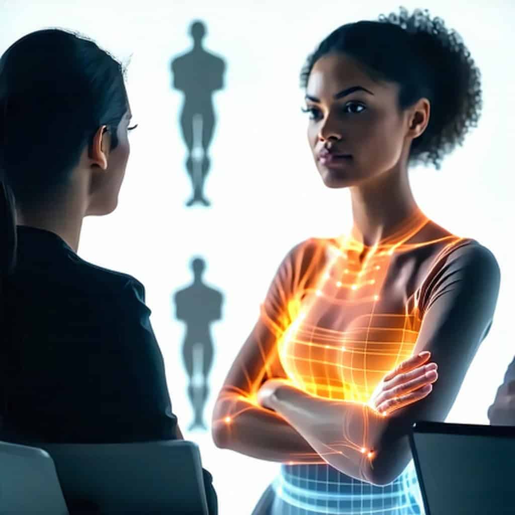 두 여성이 마주보고 있고 한 명의 몸에는 황금빛 에너지 라인이 감싸고 있는 장면