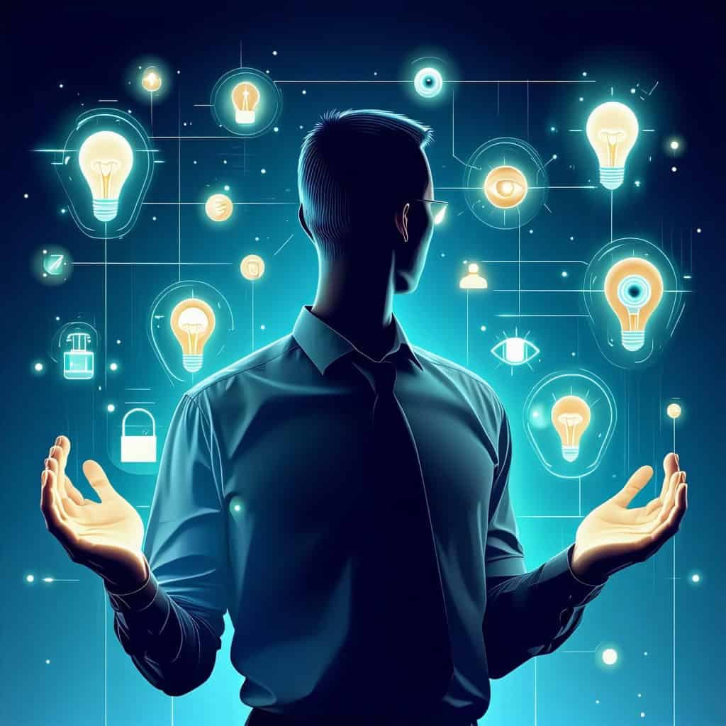 양손을 펼친 남성의 뒷모습과 주변에 떠 있는 전구 모양의 아이디어 아이콘들