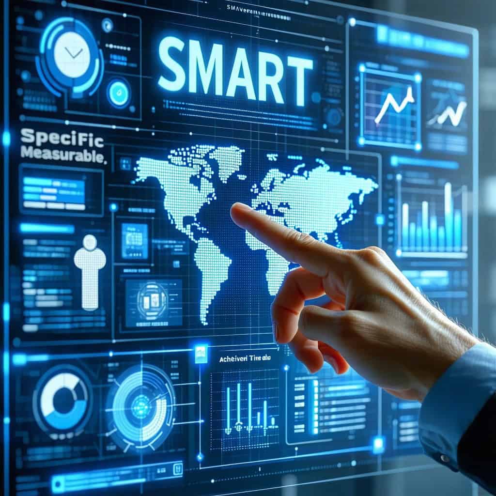 세계 지도와 데이터 분석 화면이 표시된 스마트 기술 대시보드를 손으로 가리키는 장면