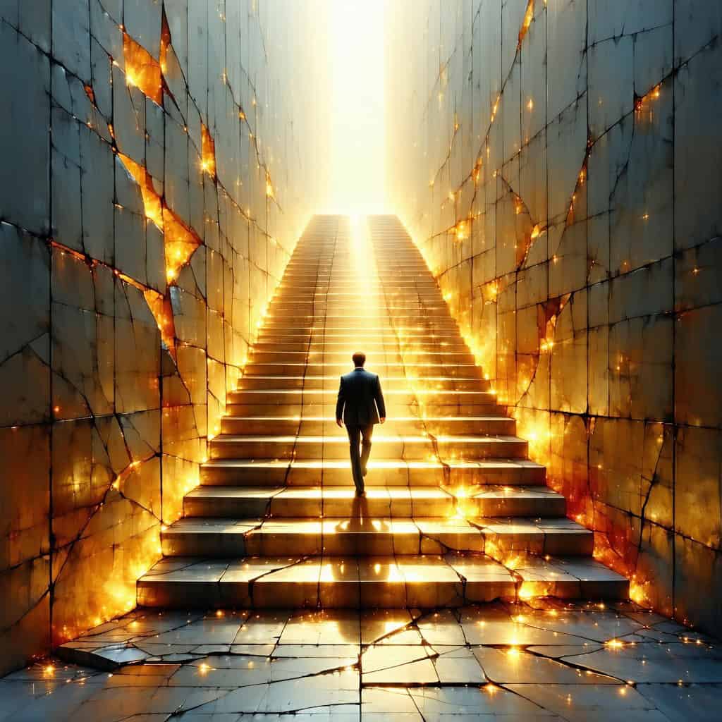 정장 차림의 남성이 황금빛으로 불타오르는 계단을 올라가는 극적인 장면