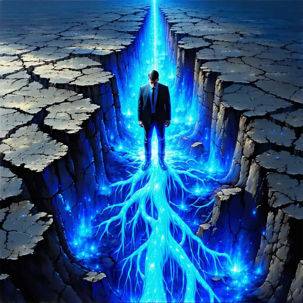정장 차림 남성이 갈라진 땅 위에 서 있고 그 틈새로 청색 빛줄기가 솟아오르는 초현실적 이미지