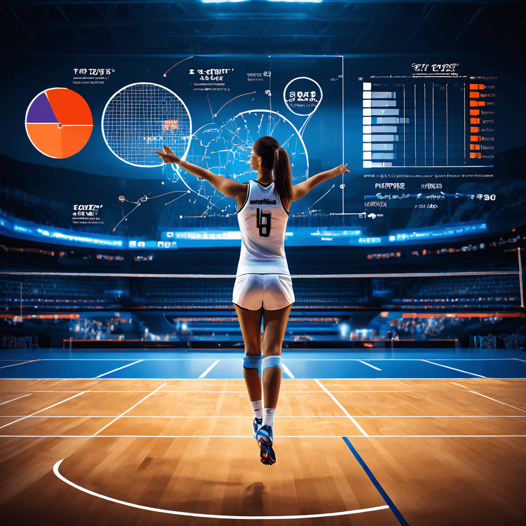 배구 선수가 서브를 하는 순간 코트 위에 데이터 그래프와 전략 다이어그램이 투영되어 스포츠 분석을 강조한 모습이다.
