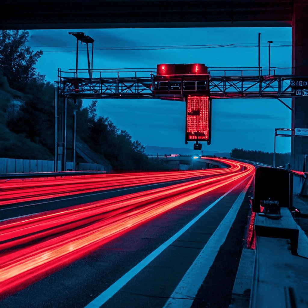 고속도로 요금 정산소 단면을 클로즈업한 이미지로, 자동차의 통신기가 빨간색 적외선 빔을 수신기에 발사하며 데이터 패킷이 빛으로 가시화되어 전송되는 모습을 보여줍니다.