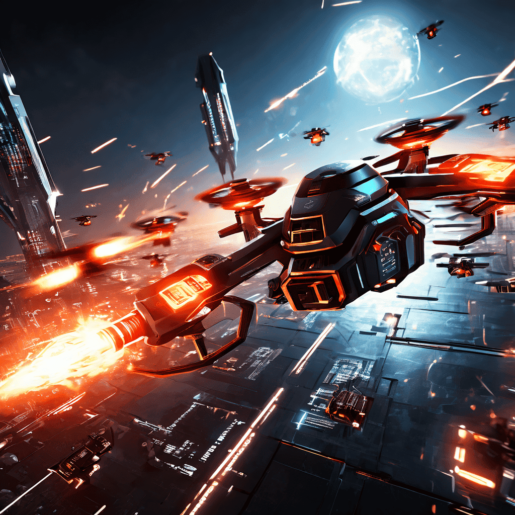 푸른 빛의 표적 추적 레이저를 발사하며 빠르게 움직이는 드론 무리가 미래형 전초 기지를 공격하는 모습이다.