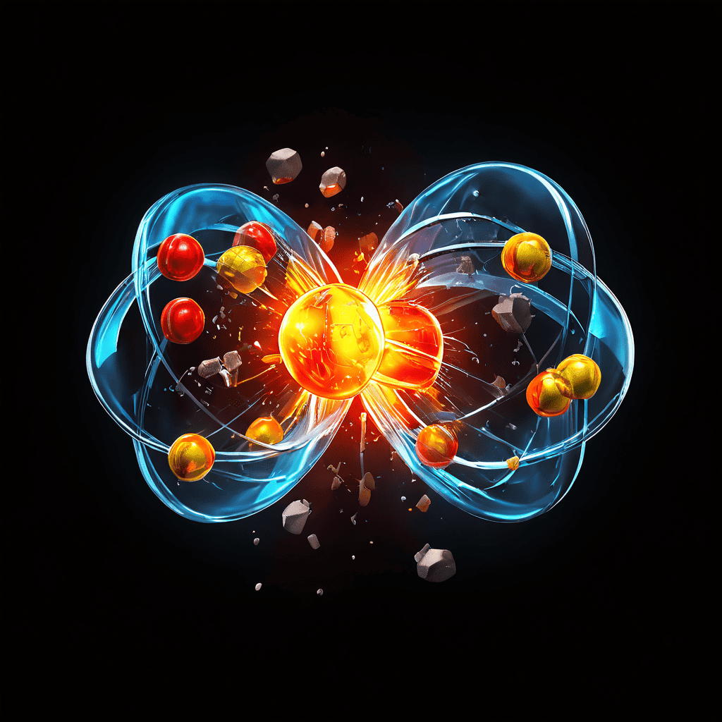 파란색 원자가 갈라지며 붉은 에너지를 내뿜고, 여러 작은 원자가 합쳐지며 푸른 빛을 발산하는 모습이다.