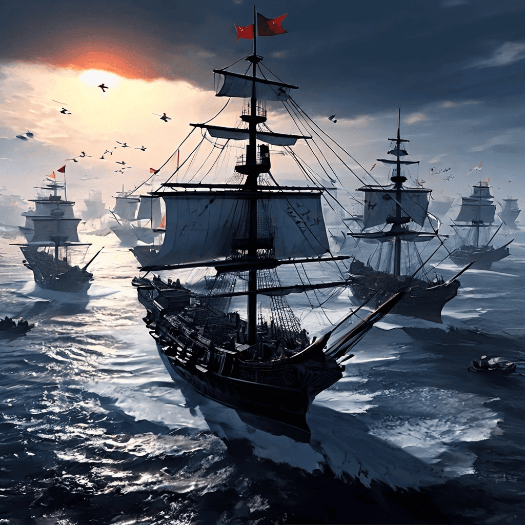 푸른 바다 위에 학의 날개 모양으로 정렬한 조선의 거북선과 전선들이 대형 적함을 포위한 모습이다.