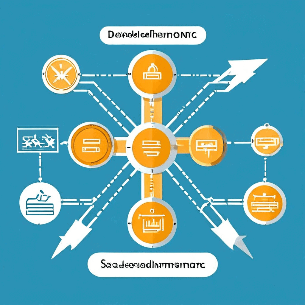 파란색과 회색의 맞물린 두 기어가 각각 개발 철학과 전략 목표라 적혀 있으며, 이들이 깔끔한 흐름도로 연결되는 모습입니다.