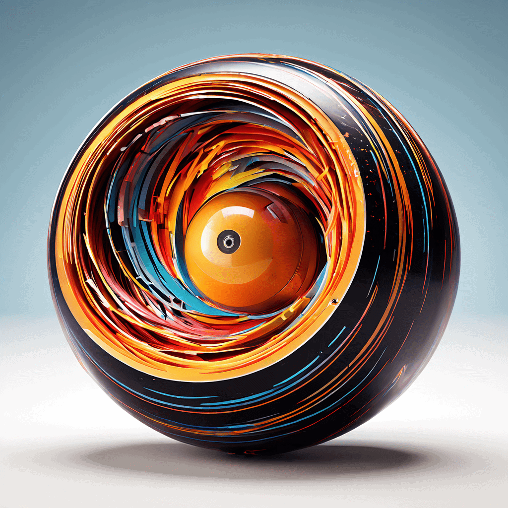 비대칭 형태의 고밀도 내부 코어를 가진 볼링공의 3D 단면도로, 회전하는 화살표가 높은 모멘트 오브 이너셔와 강력한 훅 잠재력을 시각적으로 설명합니다.