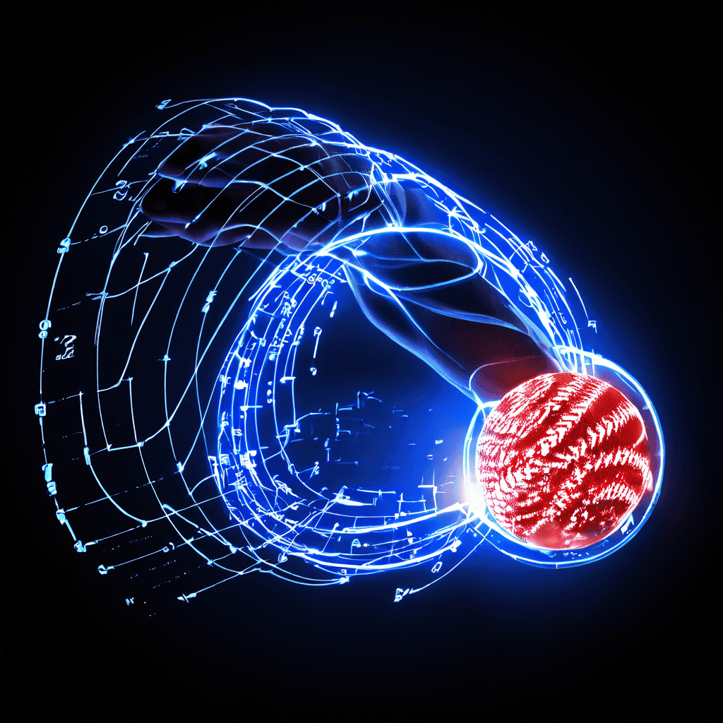 빛나는 데이터 선으로 제어 정확도를 시각화한 야구 투수가 완벽한 스트라이크를 던지는 순간이다.